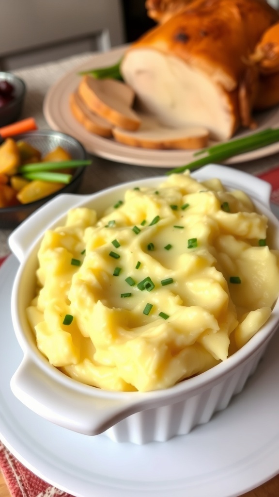 Creamy Mashed Turnips for Thanksgiving Creamy mashed turnips in a serving dish, garnished with chives, on a Thanksgiving table.